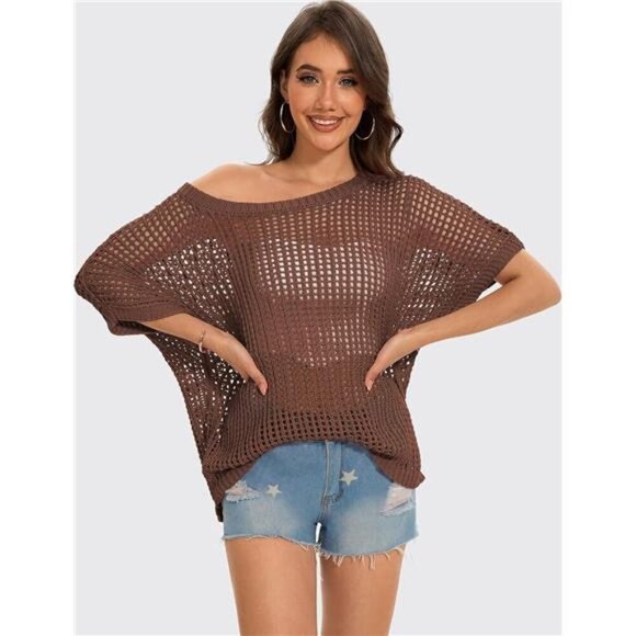 Womens Summer Short Sleeve Crochet Tops Coffee - Picture 4 of 5